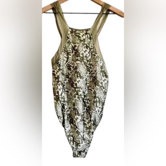 Free People FP Intimately Moss Green Snakeskin Print Bodysuit Size XSmall - NWOT - Picture 1 of 4